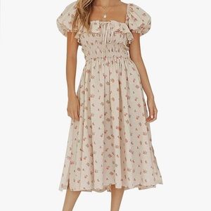 R.Vivimos Womens Summer Floral Print Puff Sleeves Vintage Ruffles Midi Dress